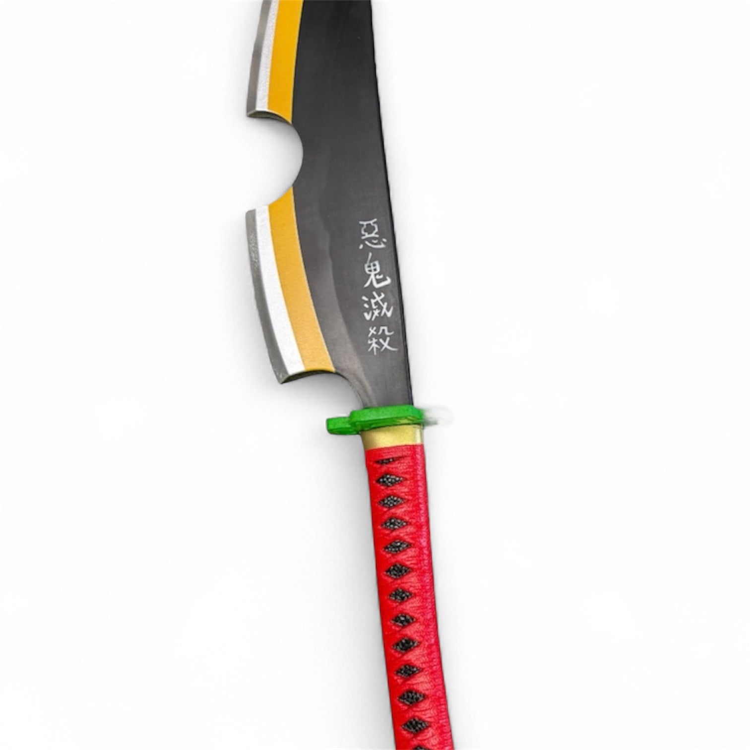 Foam Ninja Cosplay Blade Prop: A katana-style sword with a dark steel blade, gold edge, kanji etchings, red cord-wrapped handle, and green guard, perfect for cosplay.