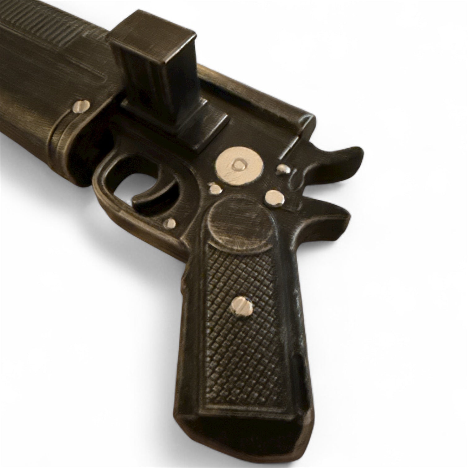 Foam Rubber K-16 Bryar Blaster Gun Prop, a novelty chocolate pistol replica, approximately 17 x 7 x 4, ideal for special effects in film and theater.