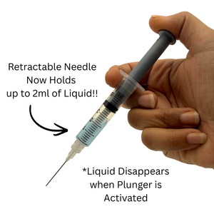 A hand holding a 5ml syringe filled with clear liquid against a solid white background. with words "Retractable Needle Now Holds up to 2ml of liquid" and "*Liquid disappears when plunger is activated"