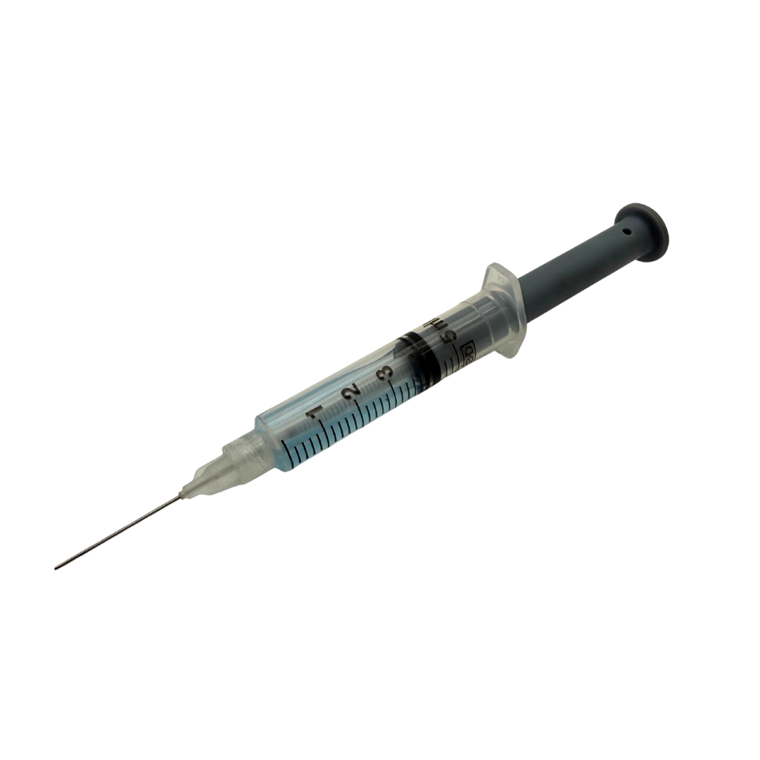 Prop medical syringe with a fine needle, featuring a clear barrel with blue measurement markings, a black plunger, and a black tip, shown on a plain white background.