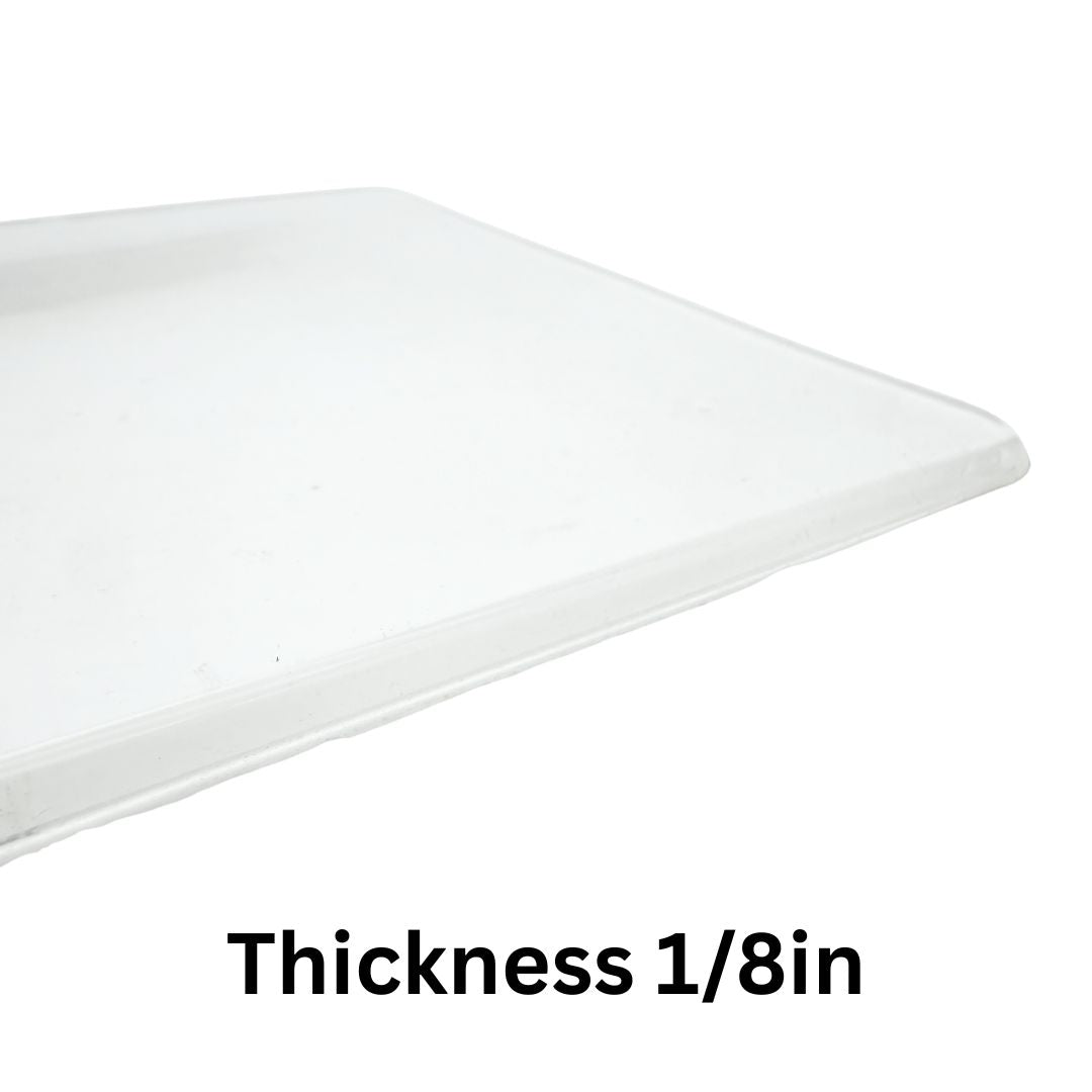 Crystal Clear Silicone Rubber Glass - Sheet corner laying flat - Text reads Thickness 1/8in