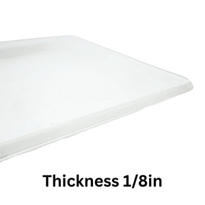 Crystal Clear Silicone Rubber Glass - Sheet corner laying flat - Text reads Thickness 1/8in