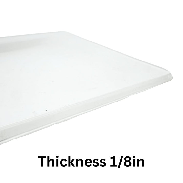 Crystal Clear Silicone Rubber Glass - Sheet corner laying flat - Text reads Thickness 1/8in