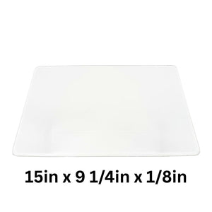 Crystal Clear Silicone Rubber Glass - Full sheet laying flat - Text reads 15in x 9 1/4in x 1/8in