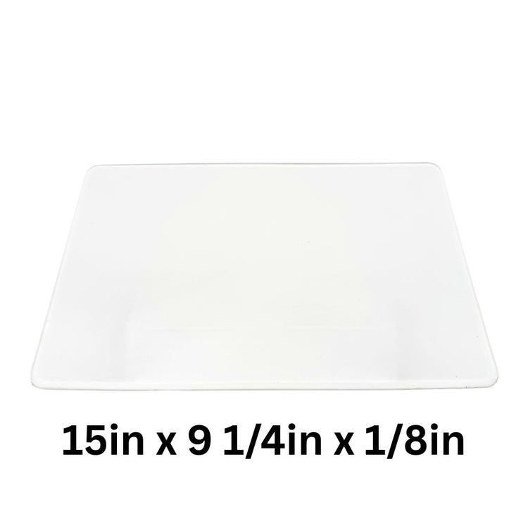 Crystal Clear Silicone Rubber Glass - Full sheet laying flat - Text reads 15in x 9 1/4in x 1/8in