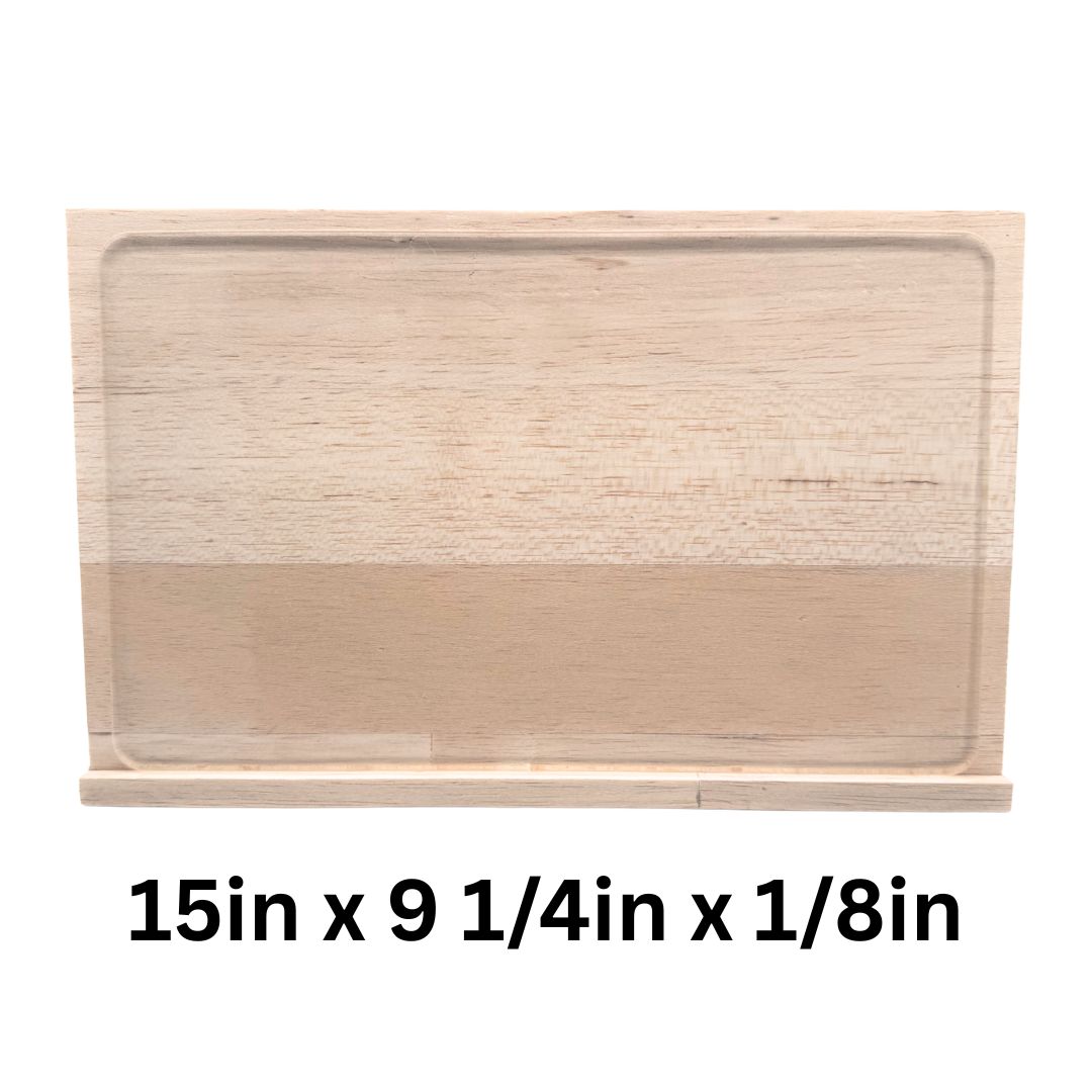 Crystal Clear Silicone Rubber Glass - Full sheet upright on wooden stand - Text reads 15in x 9 1/4in x 1/8in