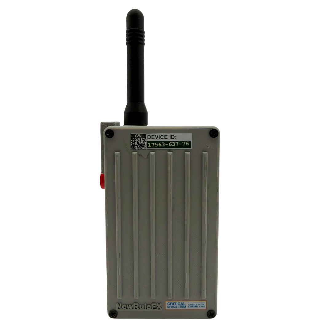 A gray rectangular industrial device with a black antenna, a small red button, and a white label reading DEVICE ID: 11563-637-76. The brand name NewMeix is visible at the bottom left.