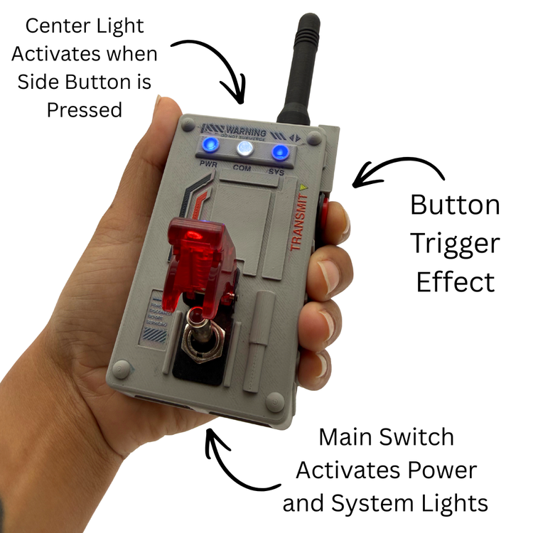 A hand holding a gray electronic transmitter device with a black antenna, blue indicator lights, and a red translucent switch. Curved callout arrows and text explain features like the center light and button trigger effect on a white background.