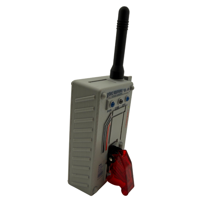 A gray walkie-talkie style device with a black antenna and a red translucent front panel, shown on a plain white background.
