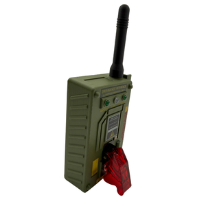 A handheld military-style electronic device in olive green with a black antenna, a red plastic lower section, and small green and white indicator lights, shown on a plain white background.