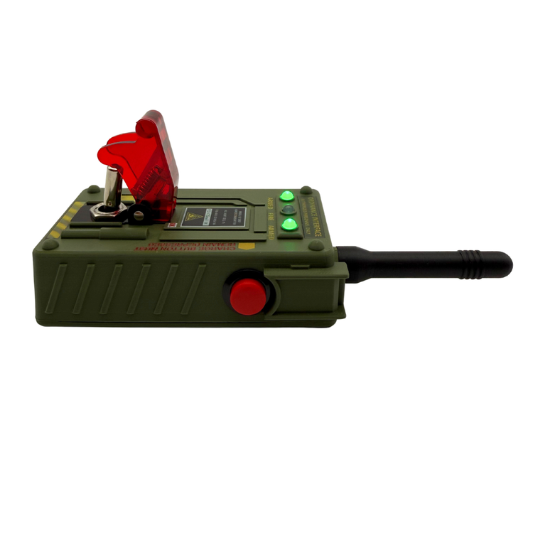 A green handheld electronic device with a black antenna, red buttons, green indicator lights, and a red transparent cover on top, shown against a plain white background.