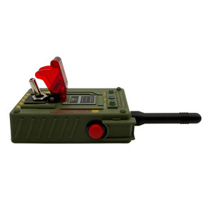 An olive green handheld electronic device with a black antenna, red accents, and a small display screen, photographed on a plain white background.