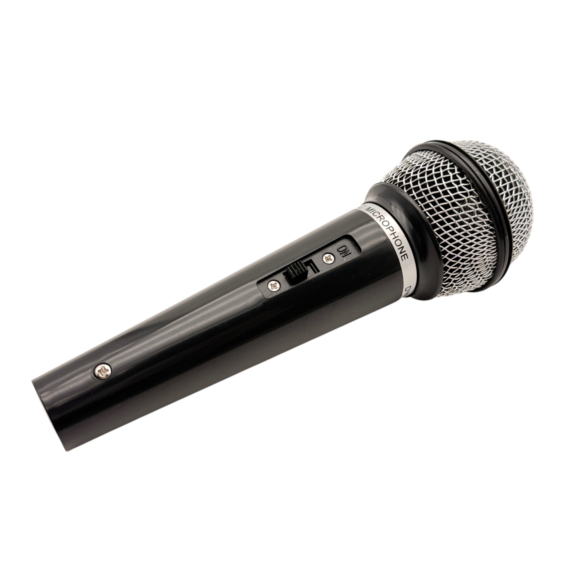 Handheld dynamic microphone plastic prop, angled view showing movable switch