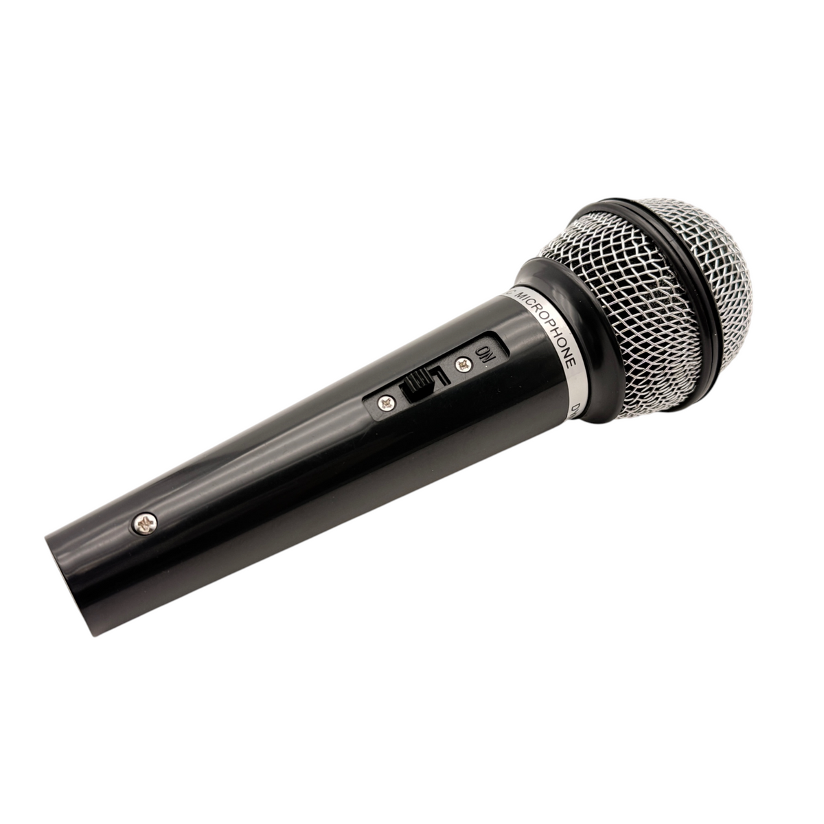 Handheld dynamic microphone plastic prop, angled view showing movable switch