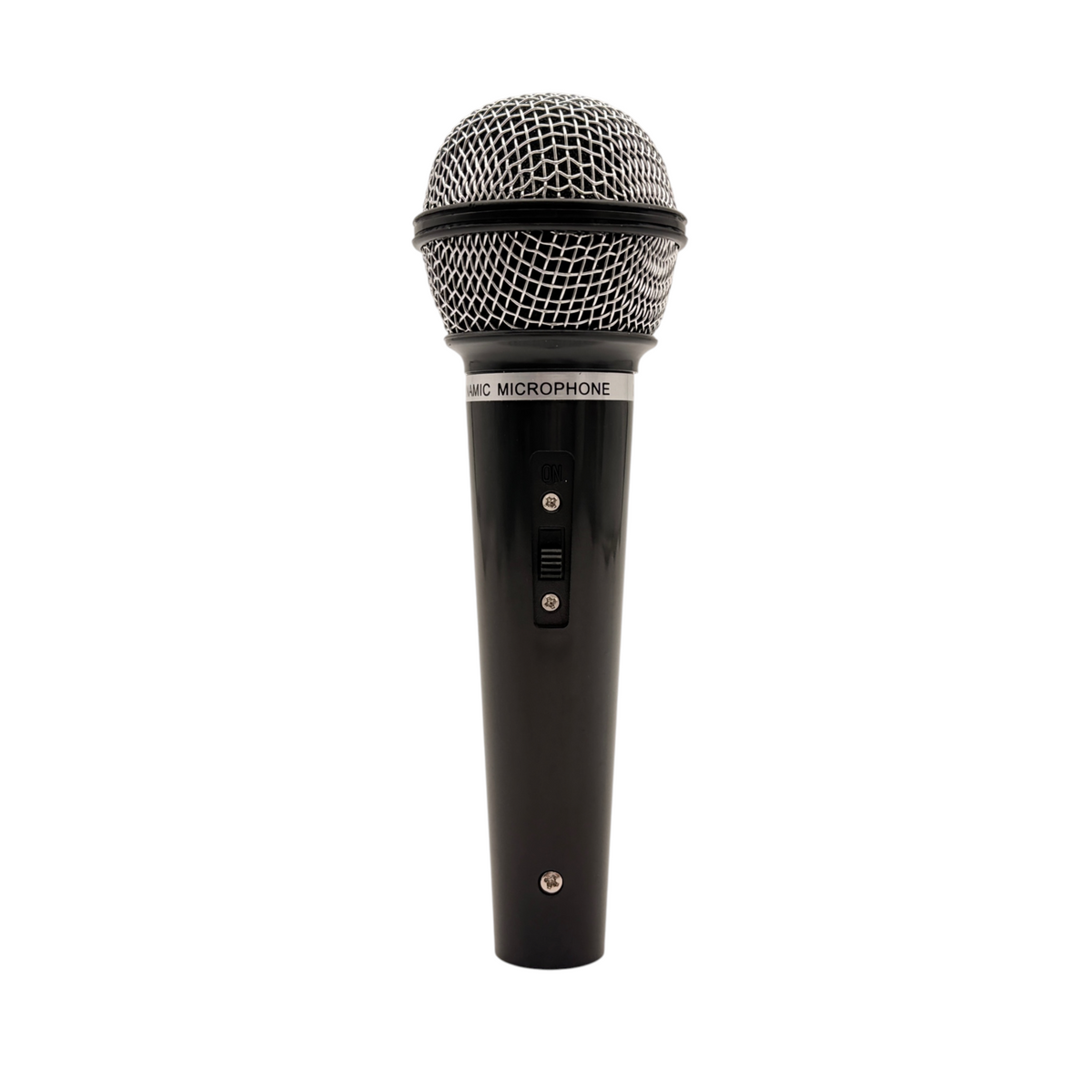 Handheld dynamic microphone plastic prop, full front view