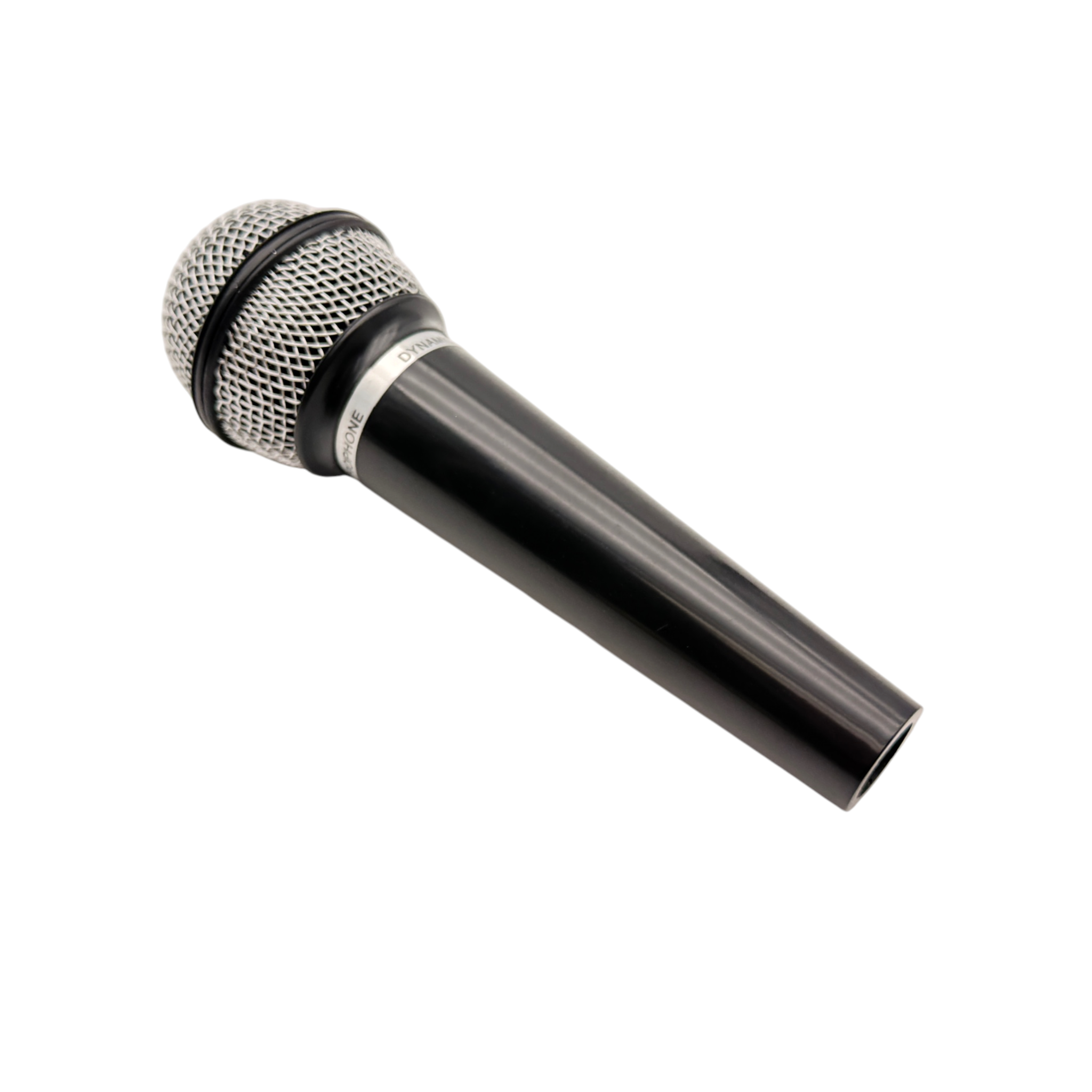 Handheld dynamic microphone plastic prop, rear angled view
