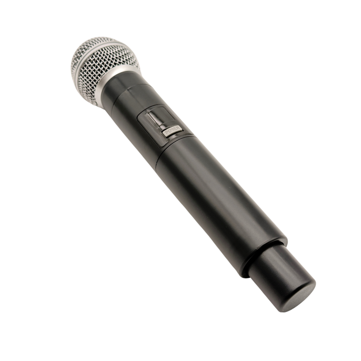 Handheld wireless-style microphone plastic prop, angled front view